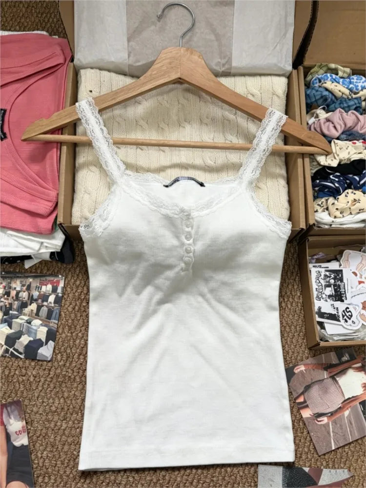 Lace Trim Ribbed Slim Camisole Women Casual Chic Cotton Buttons Sleeveless Vest Sweet All-match Simple Cropped Tank Tops Y2K