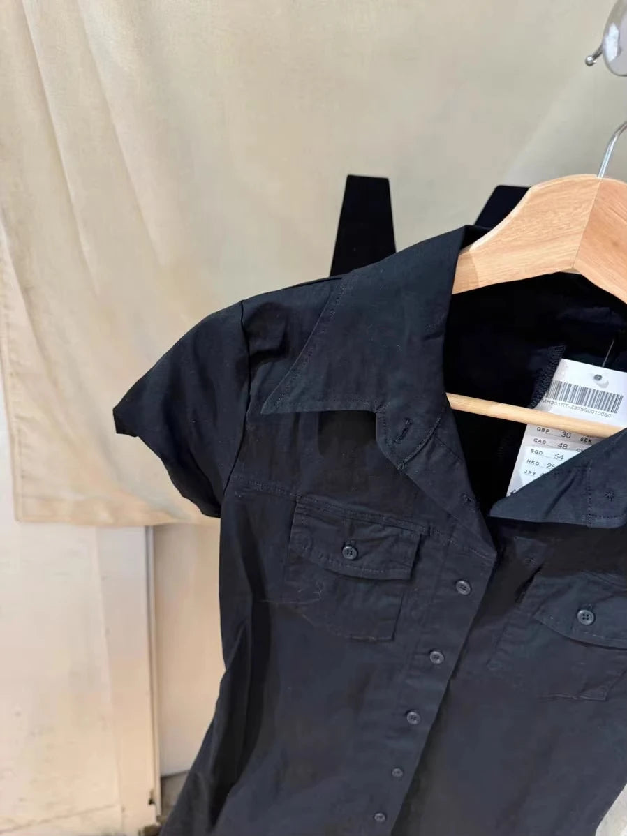 Black Pockets Blouse Shirt Dresses Women New Turn Down Collar Single Breasted Short Sleeve Vestidos Sweet Vintage Y2K Mini Dress