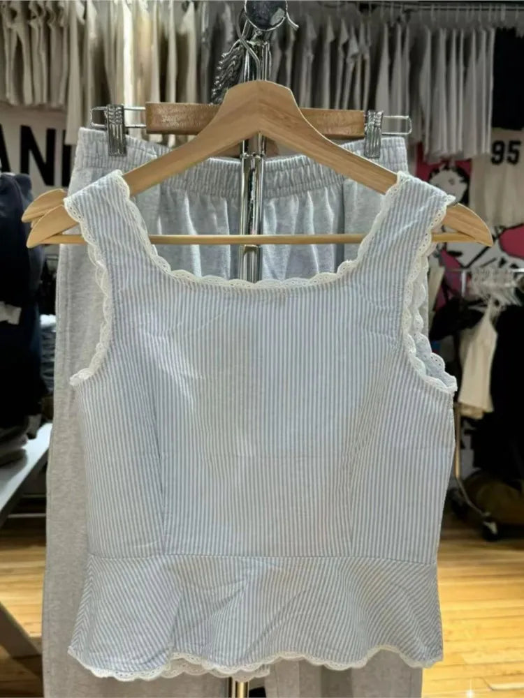 Blue Striped Lace Trim Tank Top Women Summer Streetwear Scoop neck Cotton Slim Buttons Vests Vintage Cute Sweet Crop Tops Y2K