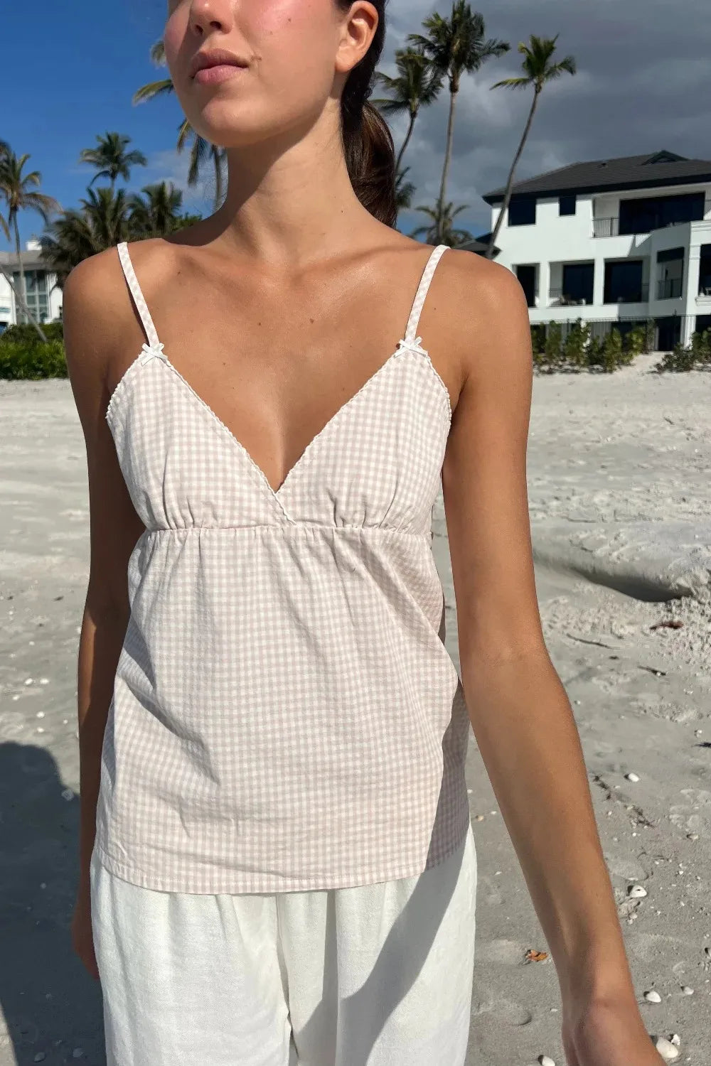 Blue Plaid Back Lace-up Slim Tank Tops Women New Simple Causal V-neck Sexy Sleeveless Vests Sweet Preppy Style Cropped Camisole