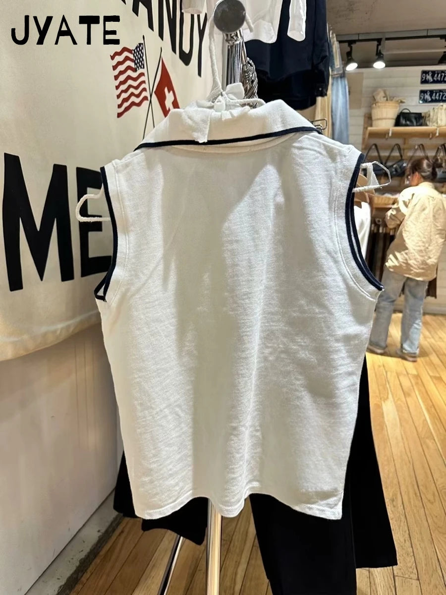 Vintage Turn Down Collar Buttons Tank Tops Women New Cotton Soft Patchwork Sleeveless Vests Chic Sweet Preppy Style Camisole Y2K