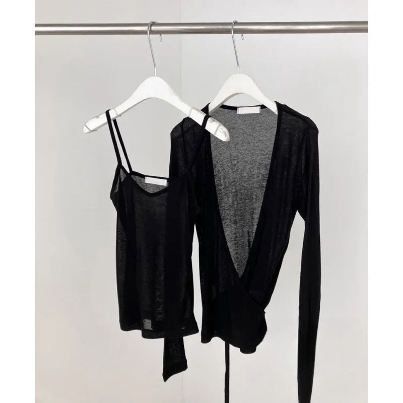 New Sexy Thin Slightly Transparent Two-piece Suit for Women Casual Slim Long Sleeve Cardigan + Suspenders Vintage Sweet Chic Top
