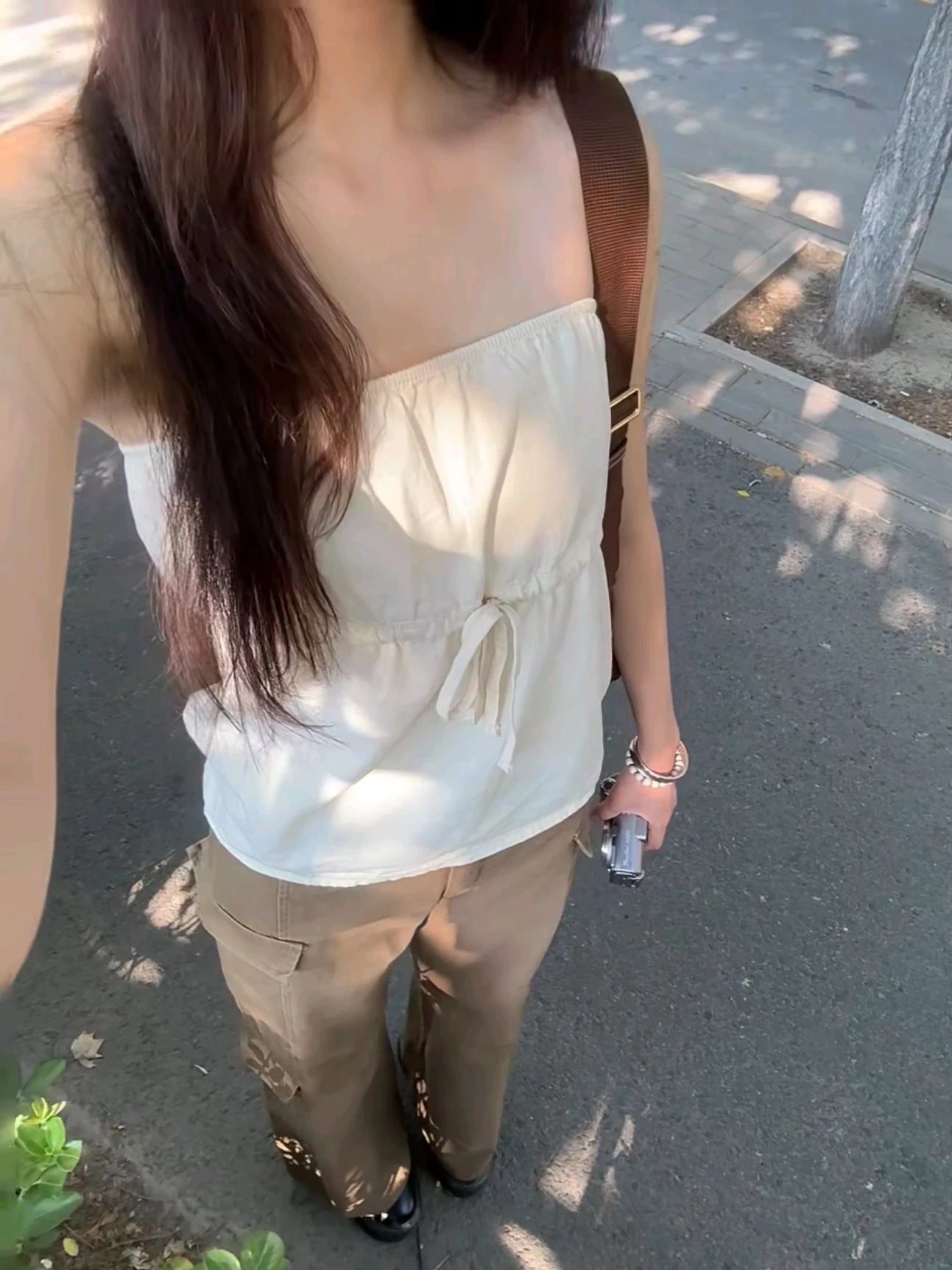 Cute Light Yellow Drawstring Tank Top Woman Back Single Breasted Strapless Cotton Camisole Female Sweet Casual Simple Vest Y2K