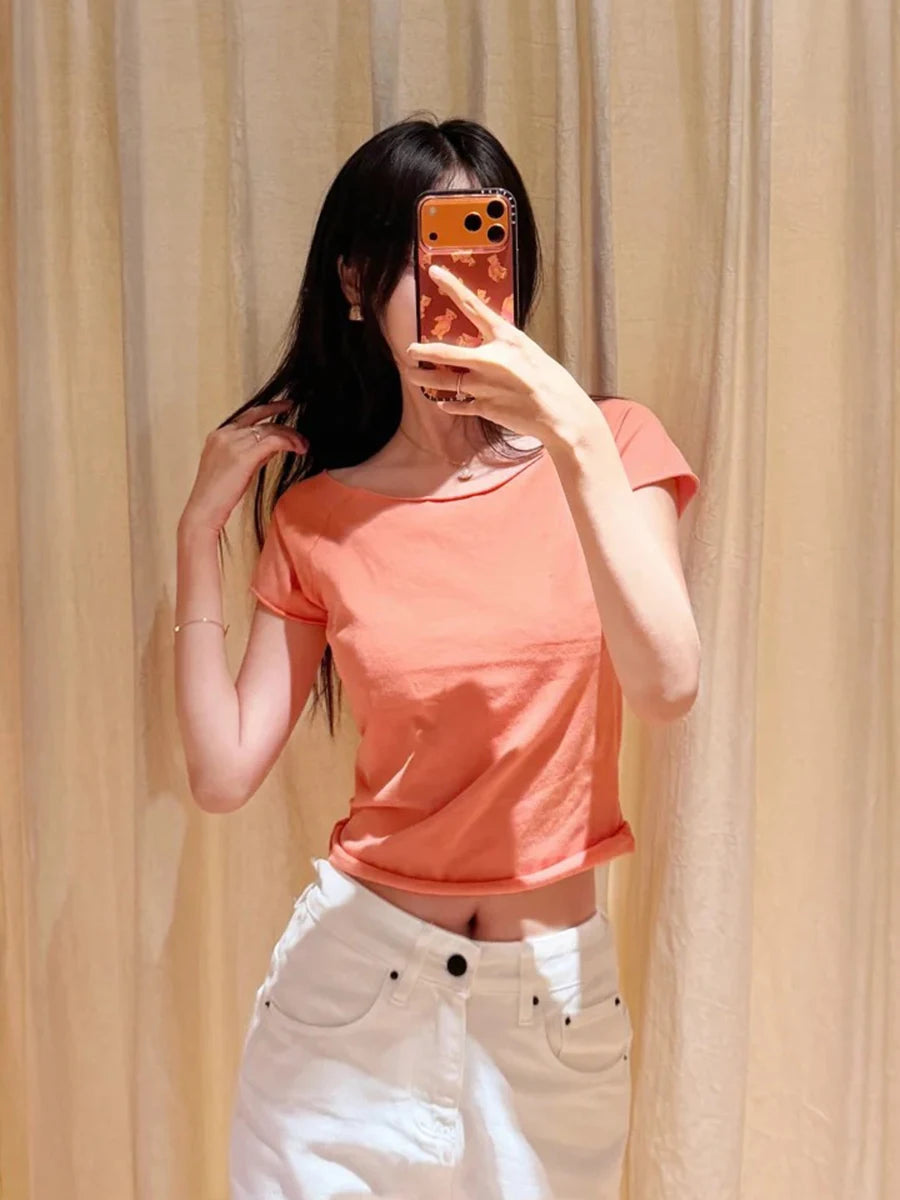Orange Slash Neck Raw Hem Crop Tops Women Simple All-match Cotton Casual Slim T-shirts Female Sweet Chic Basic Cropped Tees Y2K