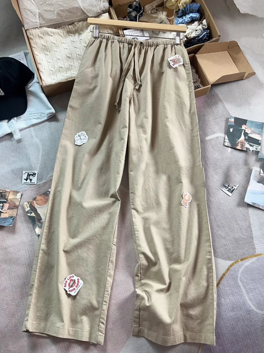 White Drawstring Straight Sweatpants Women Spring Y2K Cotton Linen Casual High Waist Trousers Sweet Cute Sport Long Pants New