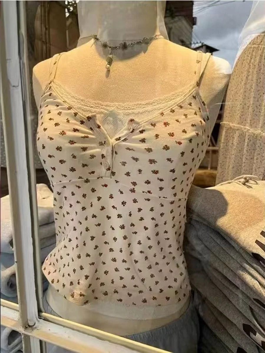 OOTDS Polka Dot White Slim Crop Top Women Navy Lace Trim Two Buttons Cotton Cropped Camisole Sweet Cute Preppy Style Tank Tops