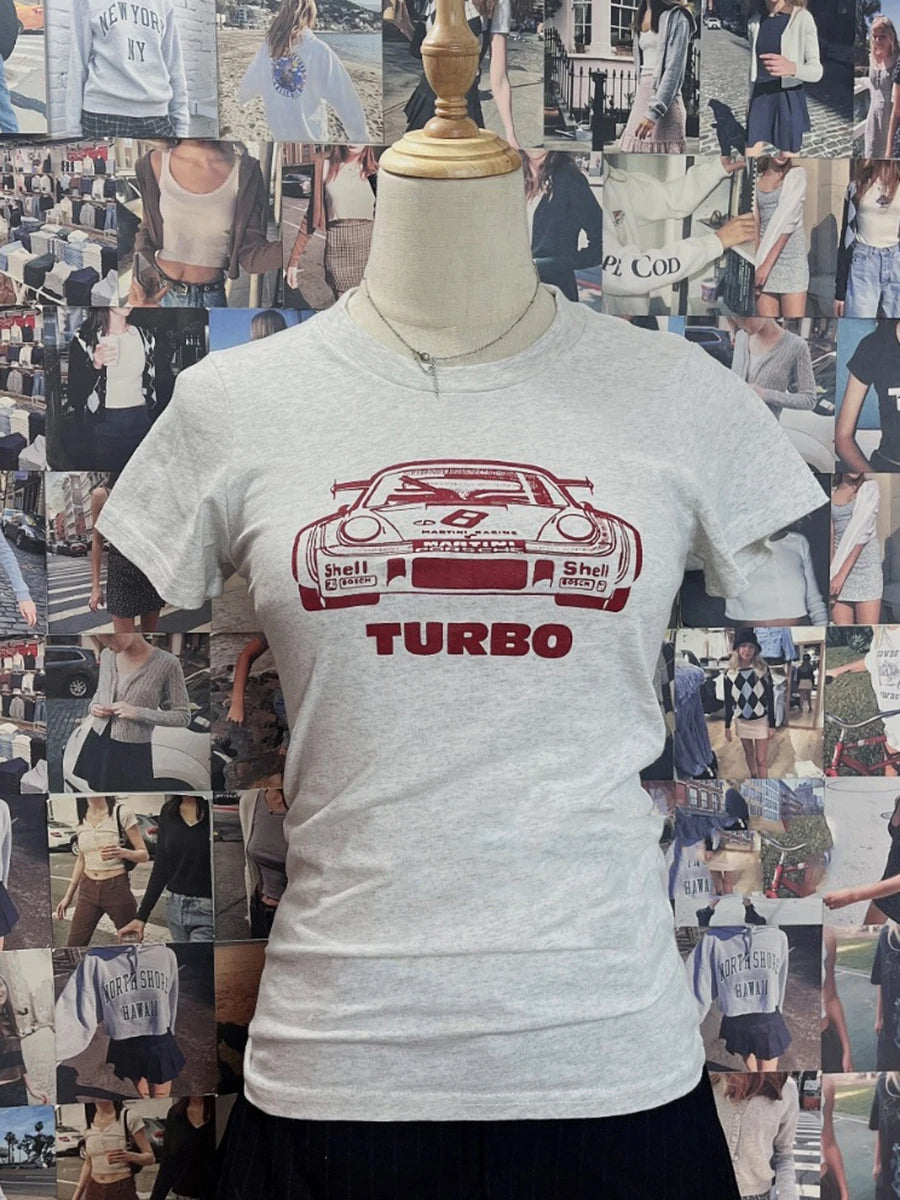 Vintage Car Print T-shirt Women Summer Cotton Casual Streetwear O-neck Short Sleeve Tee Shirts Female Sweet Tshirt Y2K Tops Girl