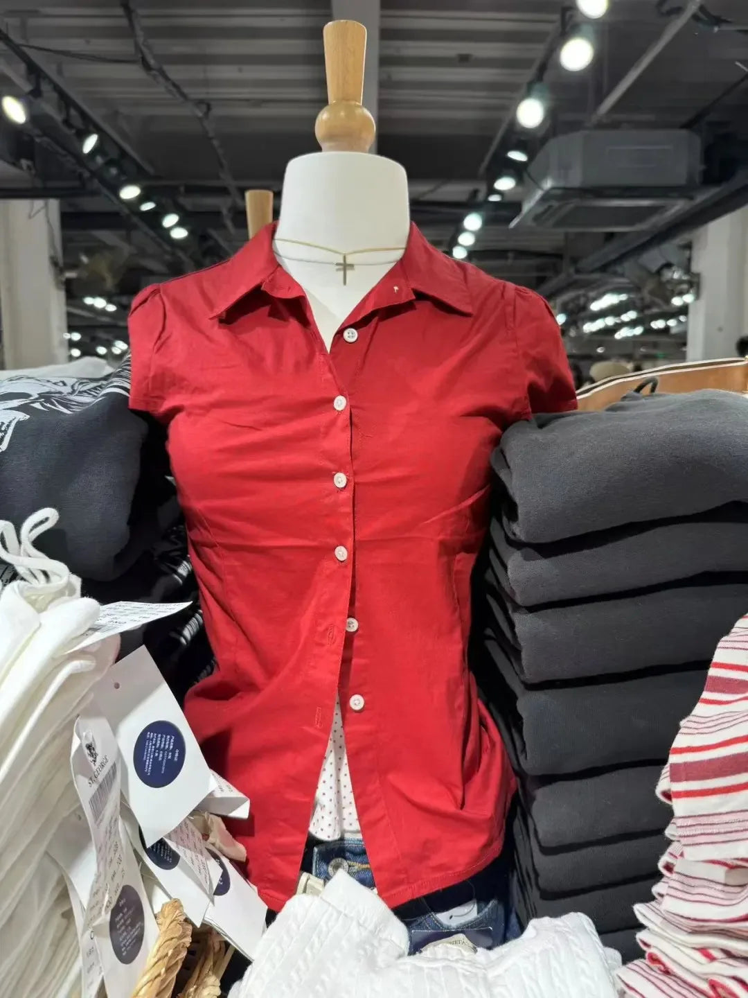 Retro Red Buttons Blouse Women Summer New Streetwear Lapel Short Sleeve Tees Sweet Vintage Cute Preppy Style T-shirts Y2K Tops
