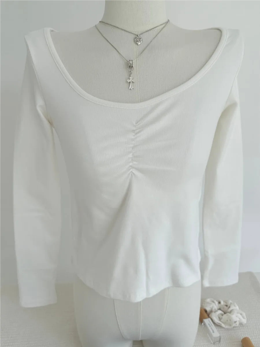 White Sexy Folds Long Sleeve Crop Top Women New Crew Neck Cotton Slim Simple Basic T-shirts Female Sweet Chic Cropped Tees Tops