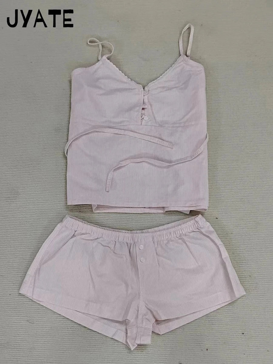 Sweet Pink Striped V-neck Bow Camis Women Summer New Cotton Casual Preppy Style Sleeveless Vests Vintage Chic Cute Tank Tops Y2K
