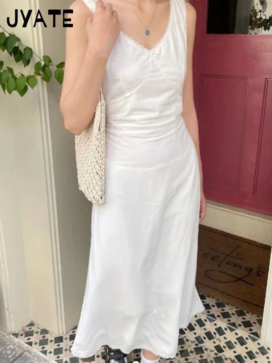 White V-neck Back Lace-up Long Vestidos Women Summer Casual Simple Cute Sleeveless Maxi Dress Sweet Preppy Style Cute Dresses