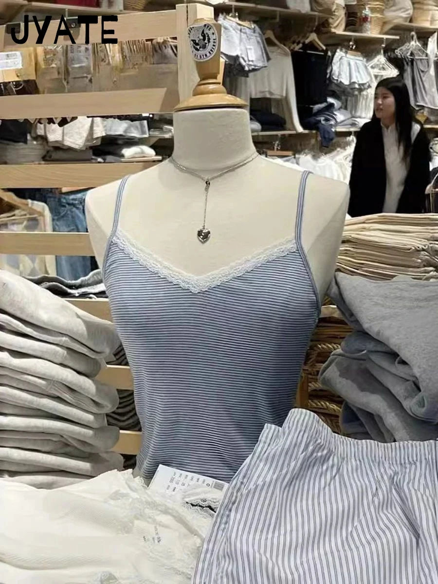 Sexy Lace Trim Cotton V-neck Camisole Women Summer New Blue Striped Casual Slim Sleeveless Vest Sweet Vintage Chic Tank Tops Y2K