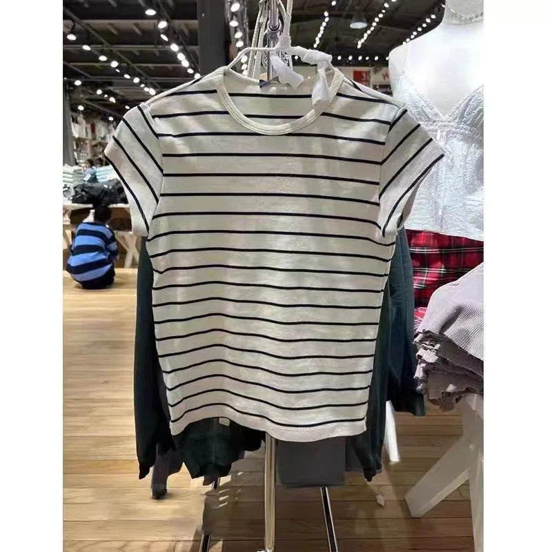 Blue Striped O-neck T-shirts Women Summer Simple Casual Streetwear Slim Short Sleeve Tees Vintage Preppy Style Sweet Tshirt Y2K