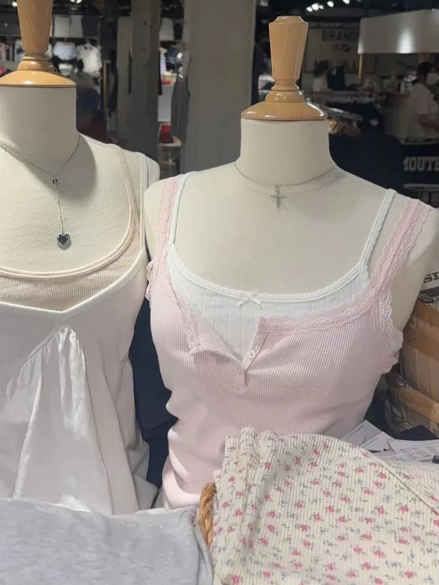 Sweet Pink Lace Trim Ribbed Camisole Women New Casual Cotton Buttons Slim Sleeveless Vest All-match Simple Cropped Tank Tops Y2K