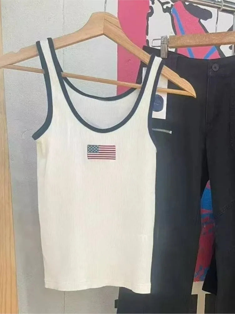 Harajuku Flag Embroidered Ribbed Tank Tops Women Spring New Casual Slim Preppy Style Sleeveless Vests Vintage Chi Y2K Camisole