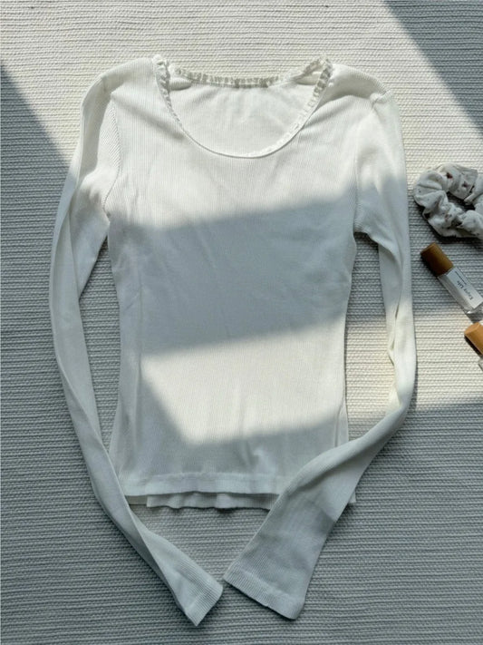 White Striped Knitted Slim T-shirts Women New Casual Fungus Trim Scoop Neck Sleeve Sleeve Tees Y2K Sweet Basic Chic Tops Clothes
