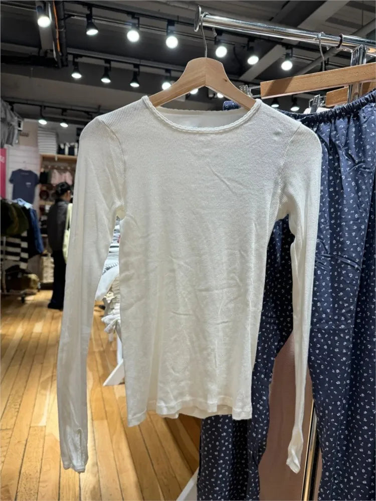 Sweet Lace Trim White Slim Ribbed Long Sleeve T-Shirt Women Autumn O-Neck Cotton Basic Tee Cute Preppy Style Tshirt Y2K Tops New