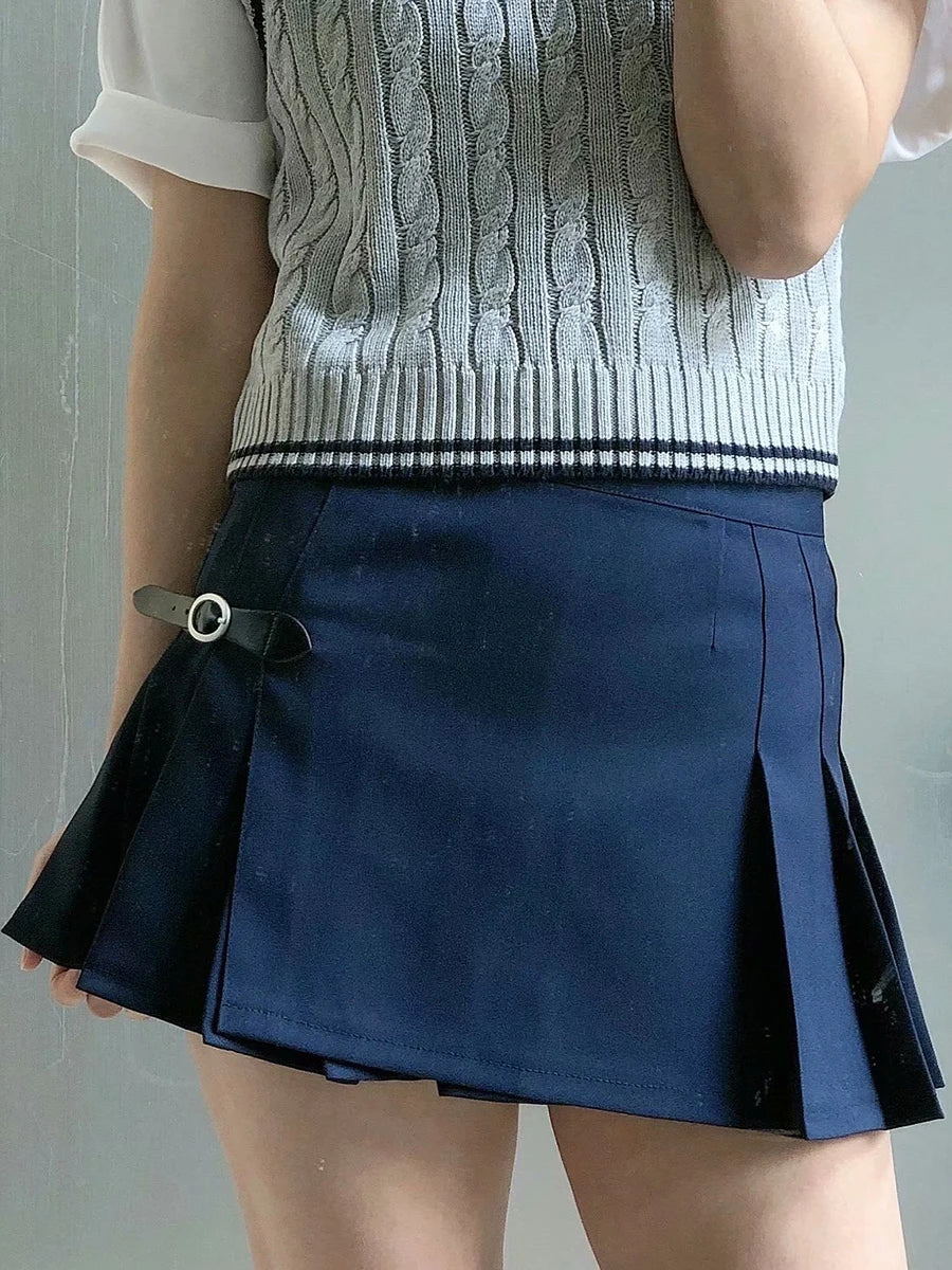 Fashion Solid Buckle Pleated Skirts Women Streetwear Aestjetic Chic Preppy Sexy Low Waist Mini Skirt Vintage Sweet Cute Faldas