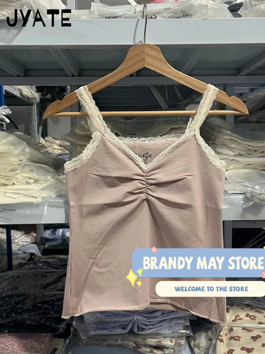 Lace Trim Pink V-neck Tank Tops Women Summer New Cotton Soft Sexy Streetwear Sleeveless Vests Sweet Vintage Casual Camisole Y2K