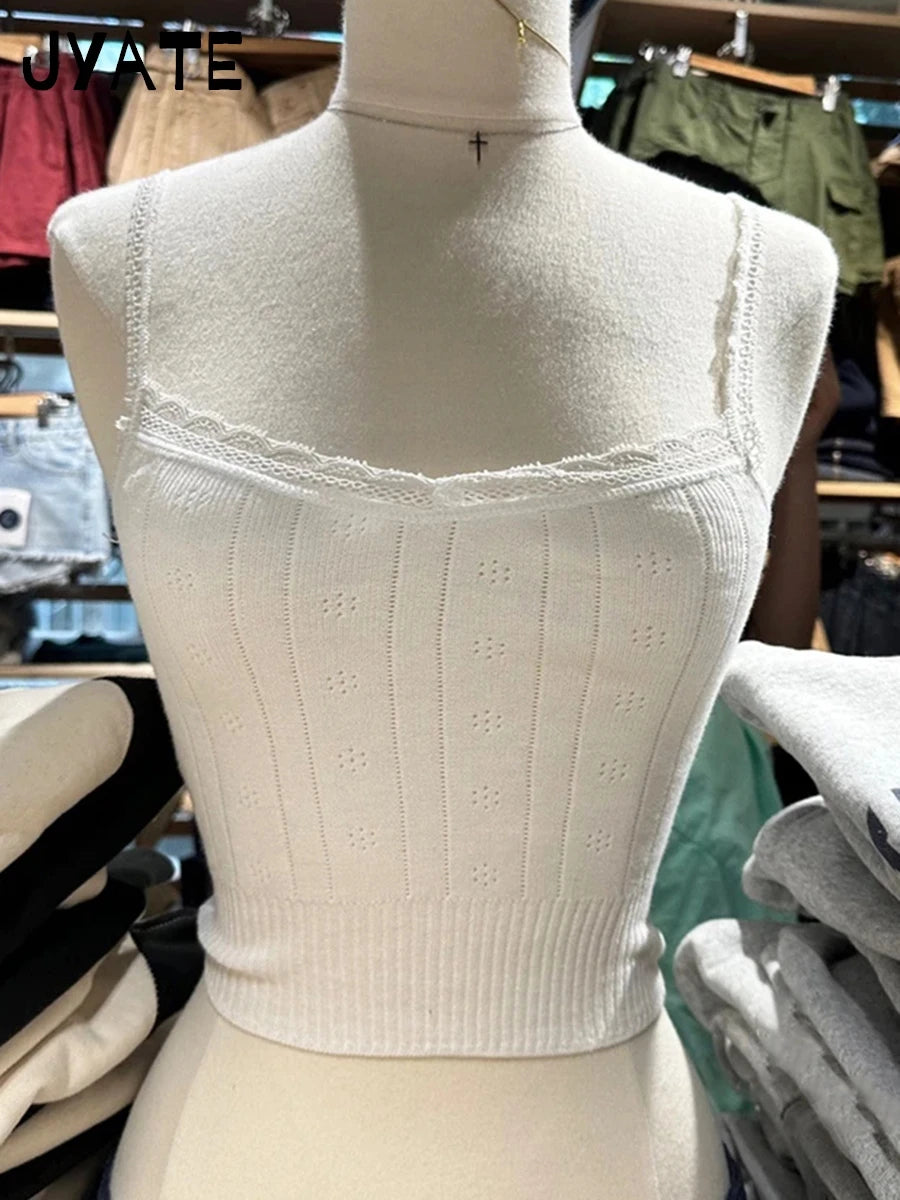 Heart Hollow Out Knitted Camisole Women Summer New Slim Casual Cotton Soft Sleeveless Vest Sweet Simple Basic Cute Tank Tops Y2K