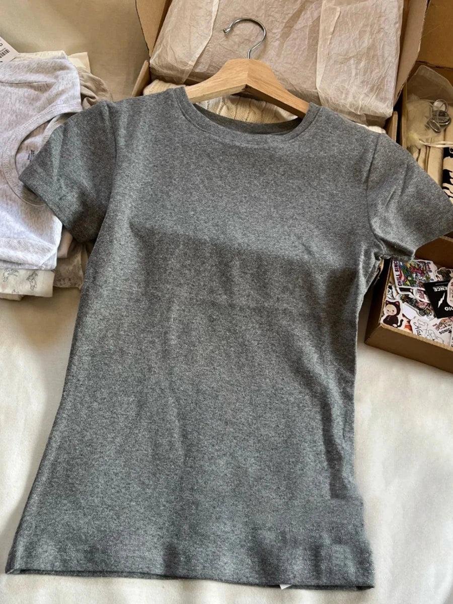 Simple Basic White V-neck T-shirts Women Summer Cotton Soft Casual Preppy Style Short Sleeve Tees Sweet Chic Y2K T Shirt Clothes