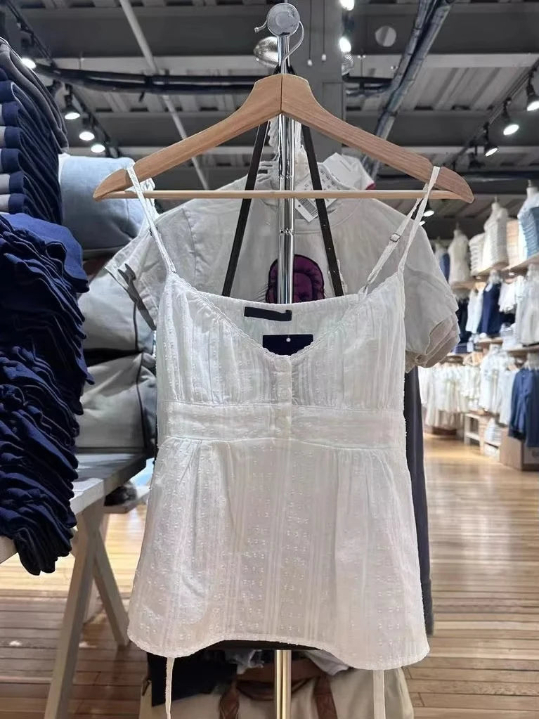 Sweet Pink Stripe Lace-up Tank Top Women Lace Trim Buttons V-neck Cotton Camis Summer Vintage Streetwear Sleeveless Crop Top Y2K