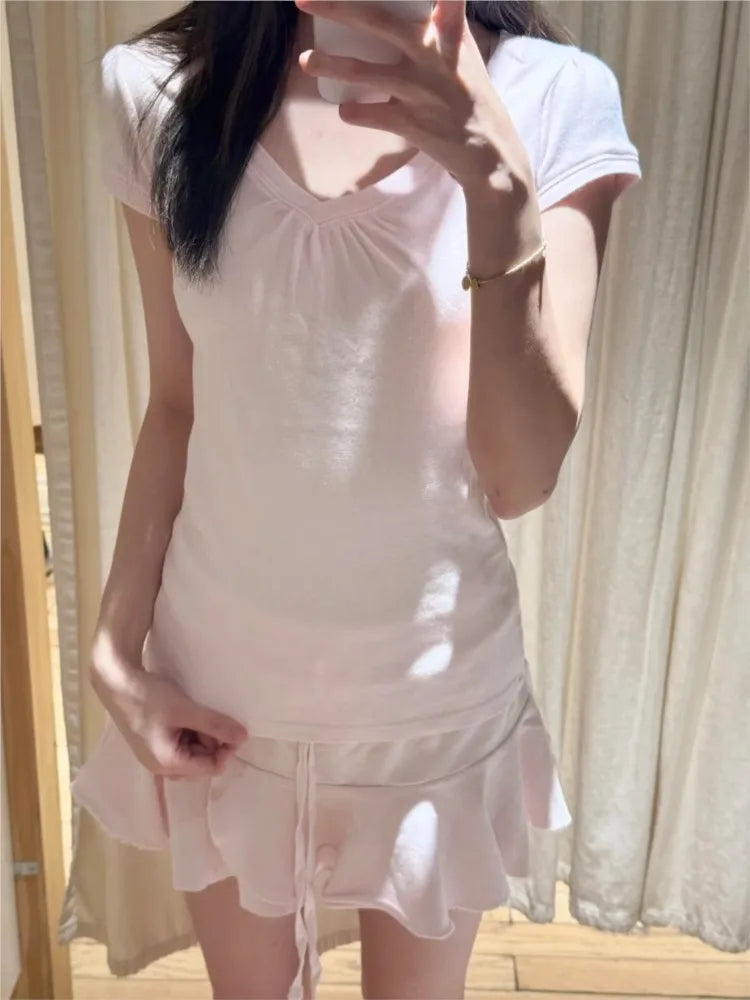 Pink V-neck Slim T-shirts Women Casual Streetwear Cotton Soft Short Sleeve Tees Sweet Cute Chic Tshirts Y2K