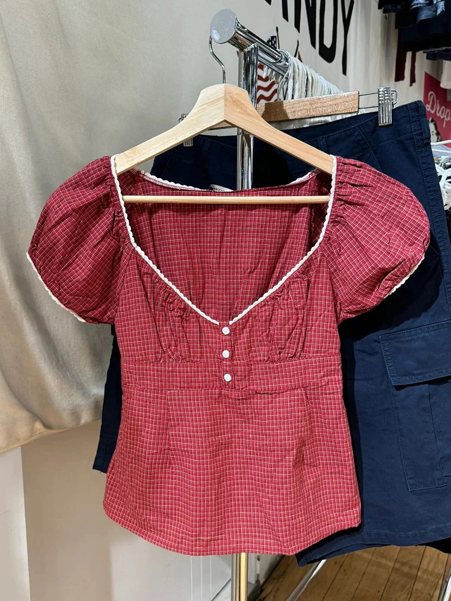 Sweet Red Plaid T-shirt Shorts 2 Piece Sets Women New Lace Trim Buttons Tees+ Casual Straight Sweatshorts Cute Casual Home Set