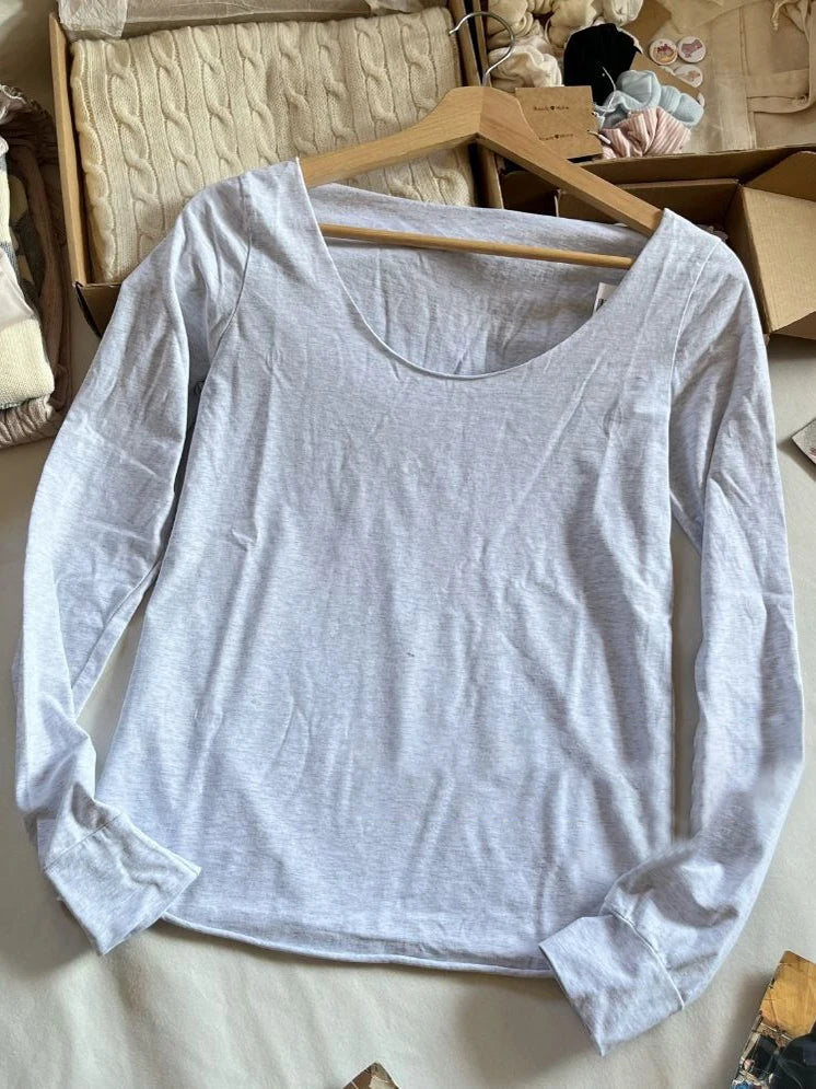 Solid Simple Thin Cotton Long Sleeve T-shirts Women Autumn Sexy Scoop Neck Raw Trim Slim T Shirt Vintage Sweet Basic Tees Y2k