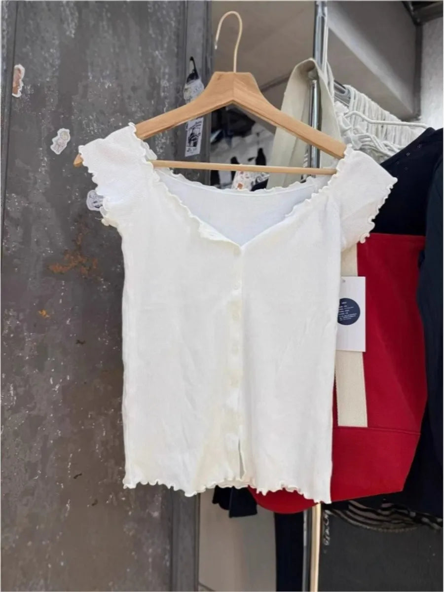 Sweet White Fungus Trim Slim T-shirt Woman Casual Simple O-neck Single Breasted Short Sleeve Cotton Tee Simple Basic Y2K Tops