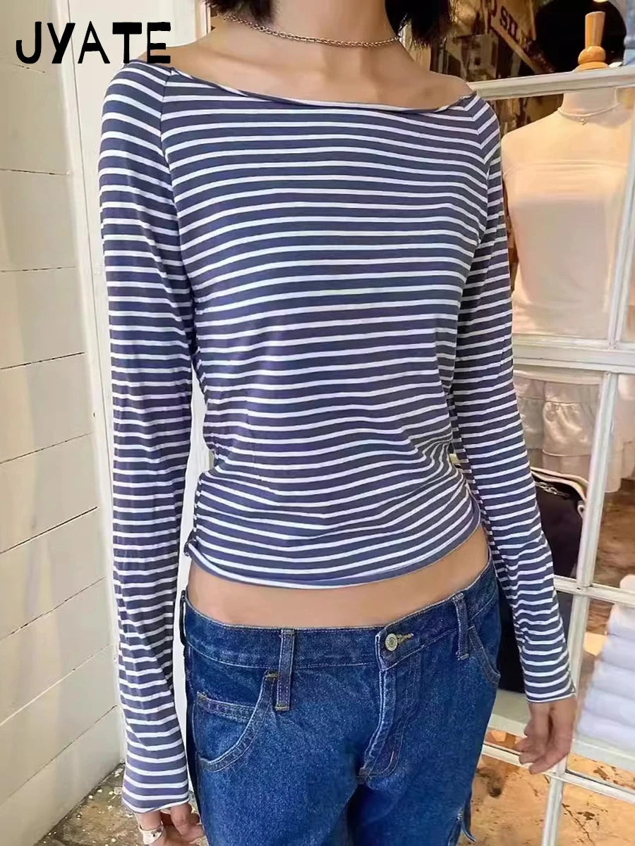 Blue Striped Slash Neck Long Sleeve Tees Women New Cotton Soft Casual Slim Raw Hem Tops Clothes Vintage Sweet Chic T-shirts Y2K