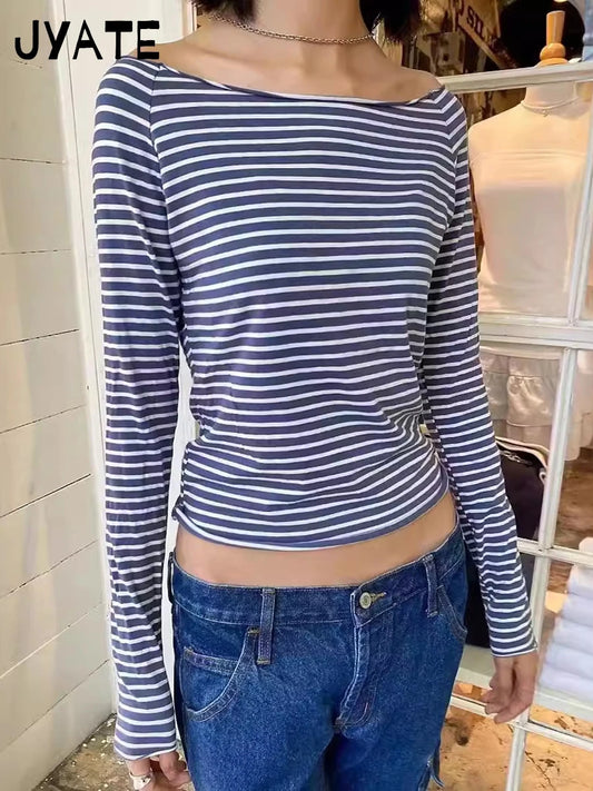 Blue Striped Slash Neck Long Sleeve Tees Women New Cotton Soft Casual Slim Raw Hem Tops Clothes Vintage Sweet Chic T-shirts Y2K