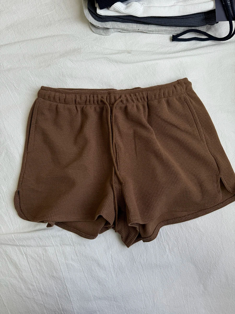 Brown Chic 2 Piece Sets Women Cute Cotton Slim Striped Long Sleeve Tee+Waffle Shorts Pant Female Sweet Cute Two Piece Sets Y2K