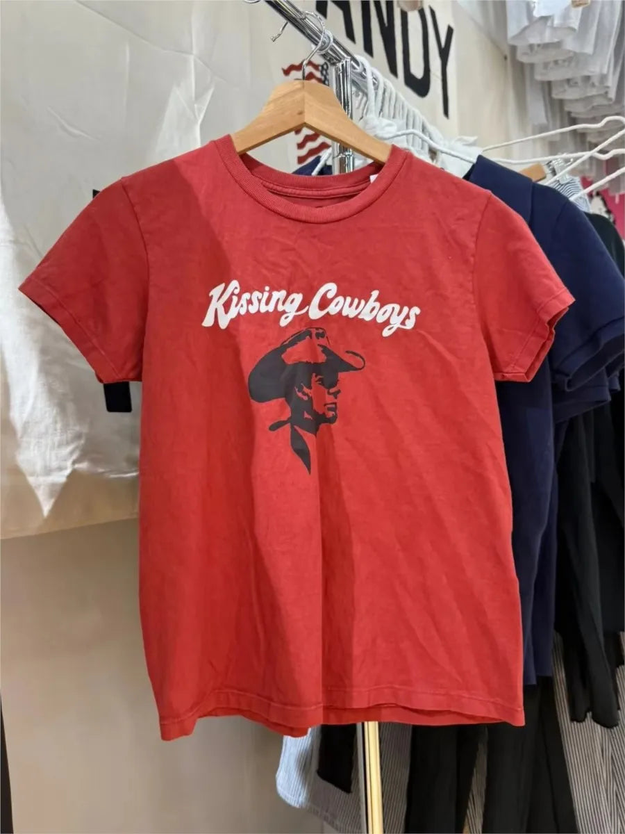 Red Cowboy Print Cotton T-Shirt Women Summer New Casual O-neck Short Sleeve Tee Shirts Vintage Preppy Style Cute Tshirt Y2K Tops