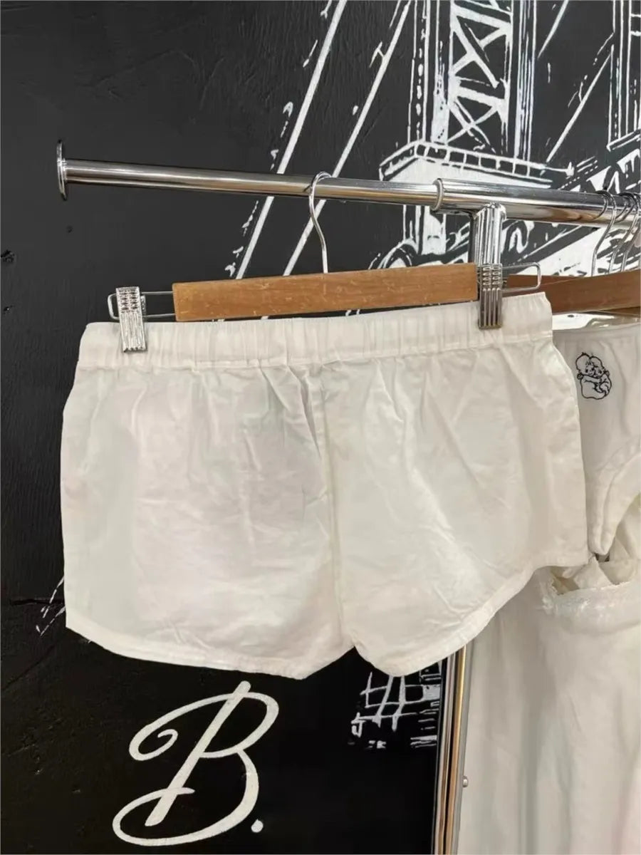 Simple White Straight Shorts Women Casual Drawstring Bow Elastic Waist Button Cotton Sweatshorts Home Underwear Sweet Short Pant