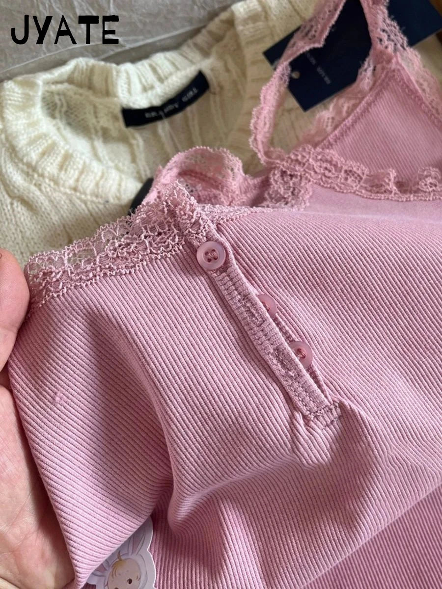 Harajuku Rose Red Lace Trim Sleeveless Vest Women New Cotton RIbbed Buttons Slim Cropped Tank Tops Sweet Chic Basic Camisole Y2K