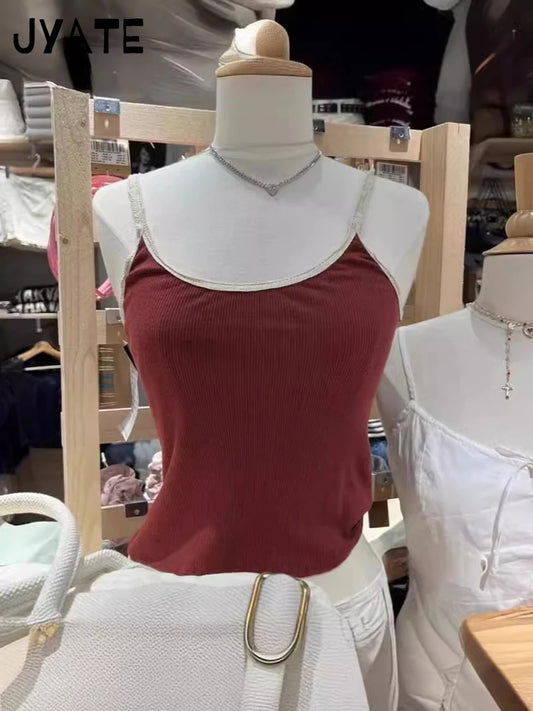 Vintage Red Cotton Waffle Sleeveless Vests Women Summer Simple Lace Trim Casual Slim Sexy Tank Tops Sweet Cute Chic Camisole Y2K