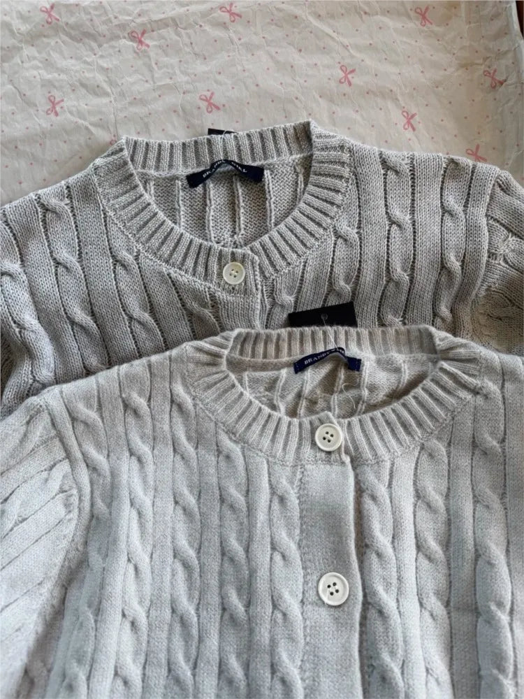Solid Knit Twist Sweater Coat Women Autumn  O-neck Button Loose Casual Solid Jumper Tops Vintage Harajuku Y2K Chic Cardigan