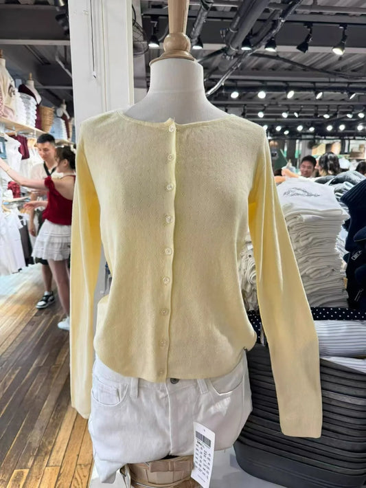 Eyelet Yellow Knitted Cardigan Tops Women Autumn New Casual Cotton Long Sleeve Sweater Sweet Cute Preppy Style T-shirts Coat