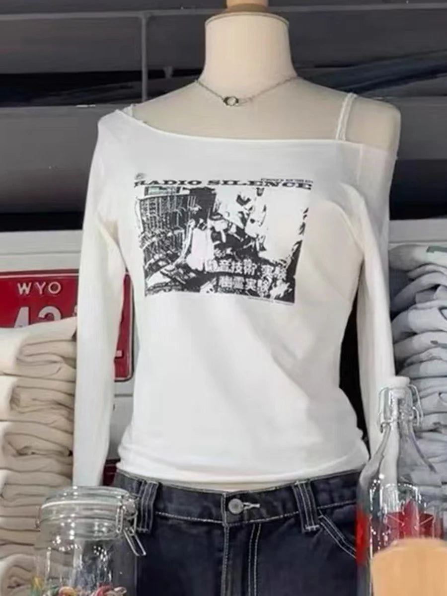 Letter Print SexySlash Neck Long Sleeve Tees Women Cotton Slim Raw Hem Streetwear Casual Tops Vintage Simple Chic Y2K T-shirts