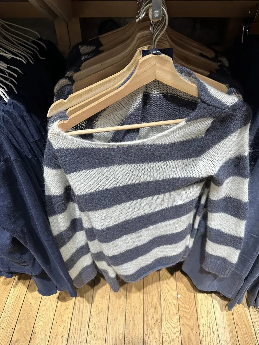 Vintage Striped Hollow Out Mohair Long Sleeve T-Shirt Women Sweetwear Scoop Neck Cotton Thin Smock Sweet Cute Tee Shirt Tops Y2K