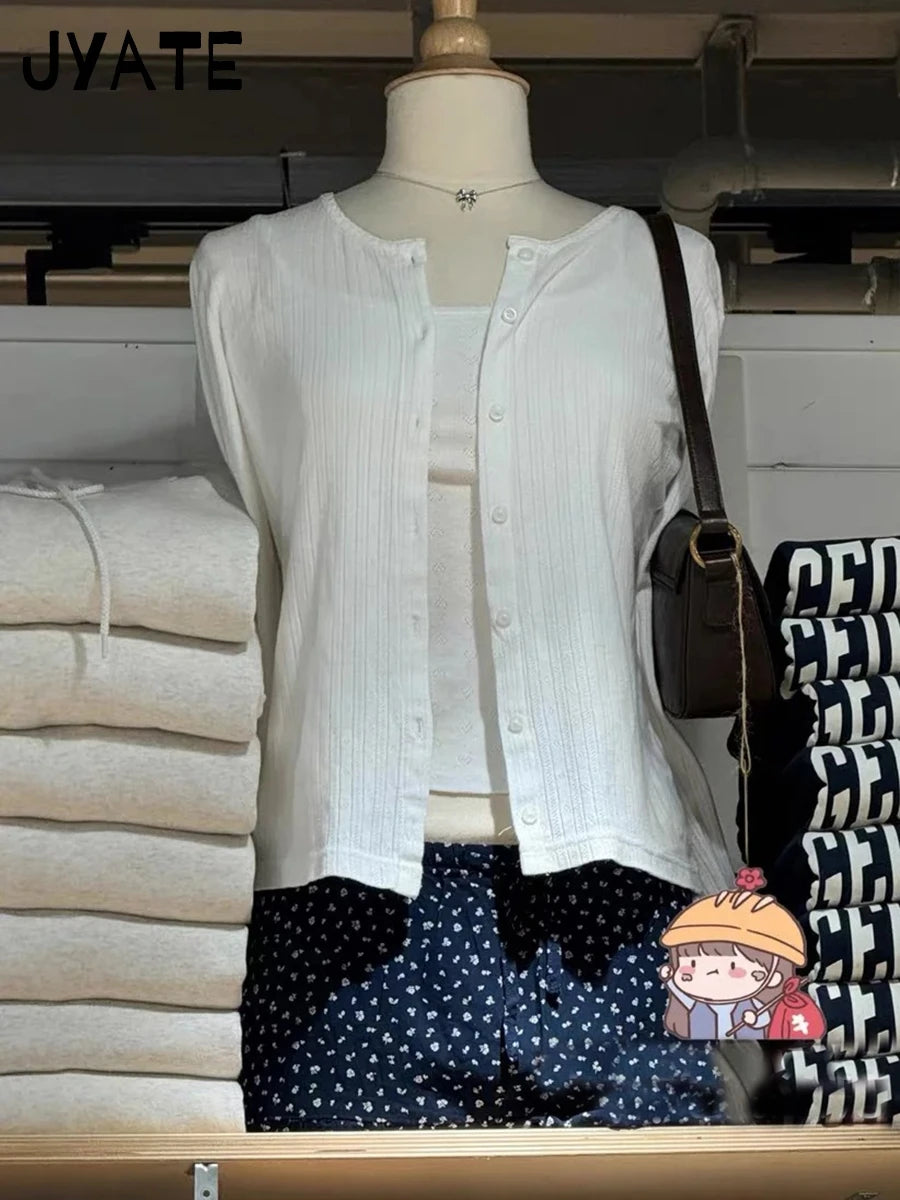 Sweet Eyelet Knitted White Long Sleeve Tees Women New Cotton Casual Slim Single Breasted Smock Tops Vintage Cute Basic T-shirts