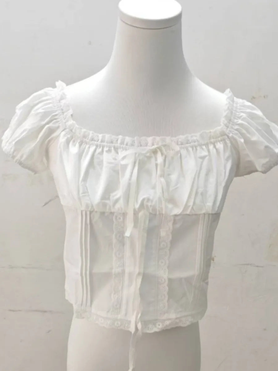 White Lace Trim Ruffles Short Sleeve Tees Women Summer Casual Streetwear Shirt Tops Sweet Chic Preppy Style Cropped T-shirts New