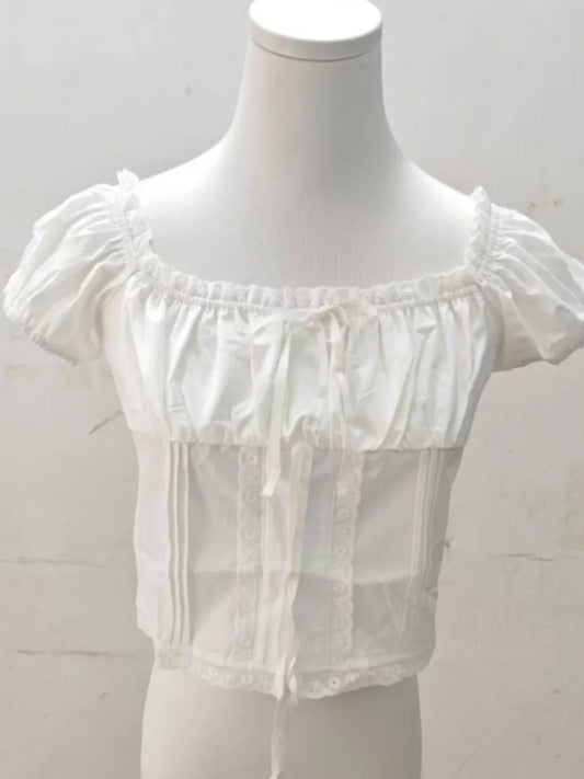 White Lace Trim Ruffles Short Sleeve Tees Women Summer Casual Streetwear Shirt Tops Sweet Chic Preppy Style Cropped T-shirts New