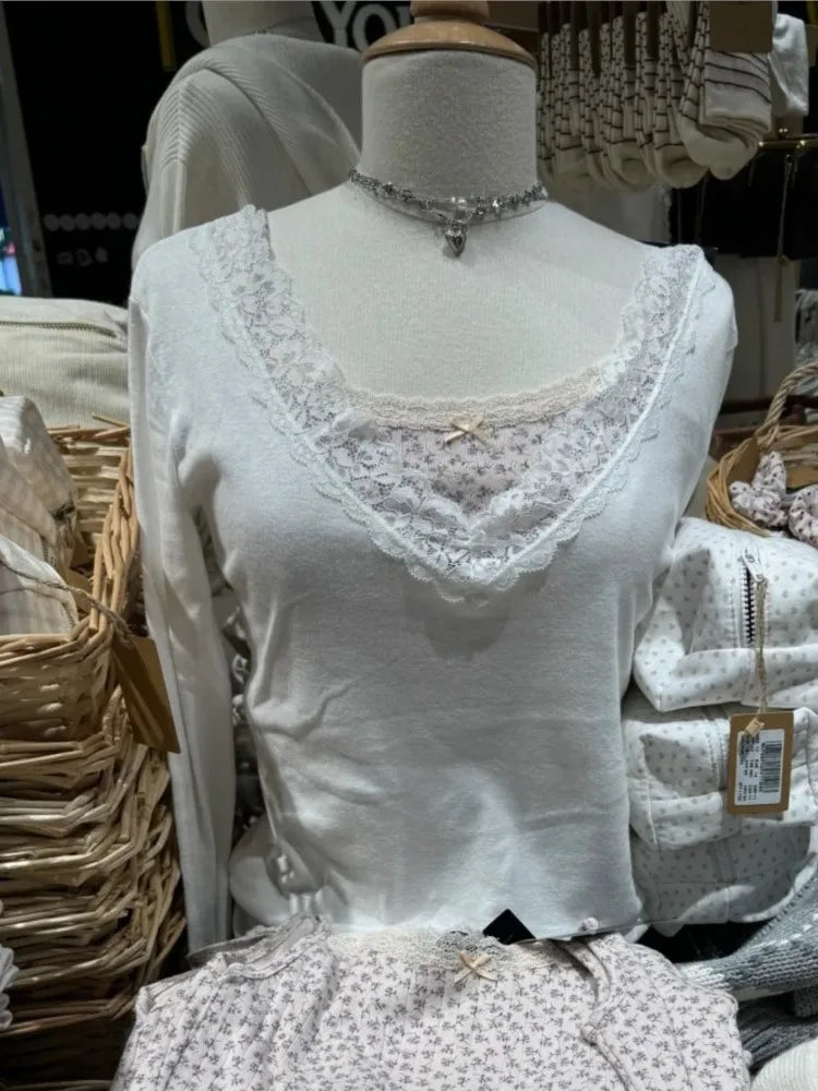 Solid Lace Trim Long Sleeve T-shirt Women Autumn Sexy V-neck Cotton Soft Slim Tees Casual Vintage Sweet Basic Tshirt Y2K Tops