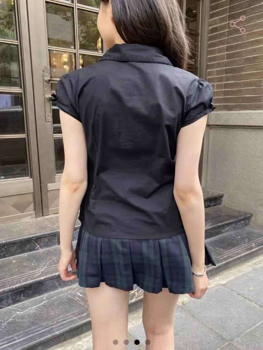 Black Lace Trim Buttons Blouse Tees Women Summer New Sweet Harajuku Bow Short Sleeve Tops Vintage Preppy Style Chic T-shirts Y2K