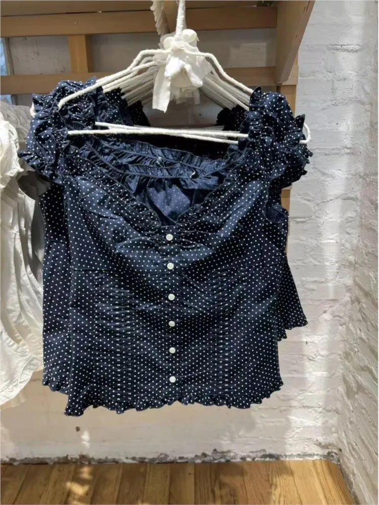 Polka Dot Navy Folds Blouse Tops Women Casual Single Breasted Ruffle Sleeveless Tank Tops Vest Vintage Preppy Style Vests Y2K