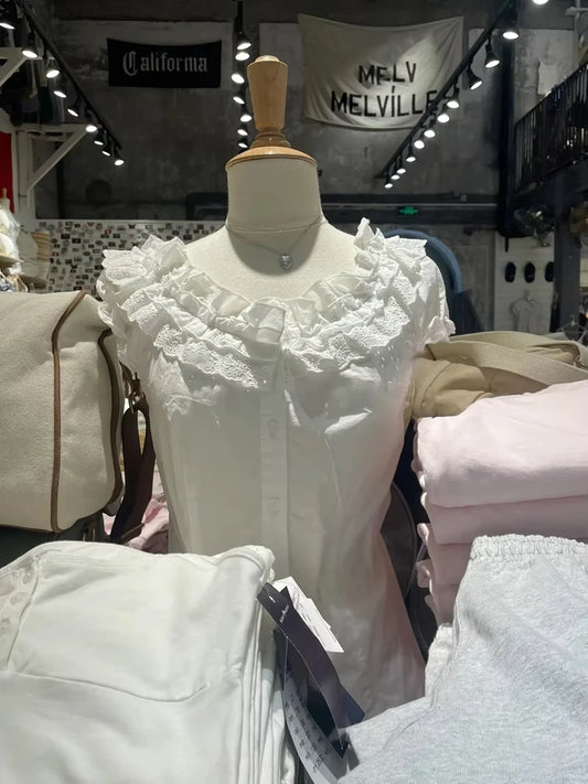 Lace Trim Ruffles Floral Embroidery Tees Blouse Woman Summer Cotton Slash Neck Short Puff Sleeve Shirts Sweet Cute White T-shirt