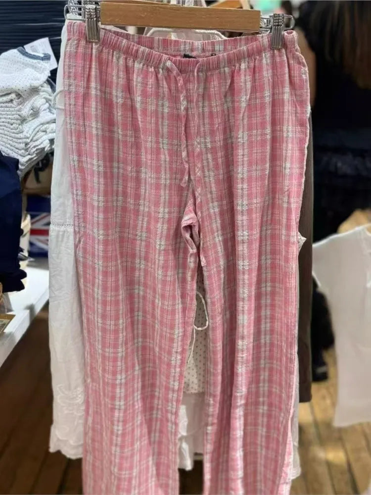 Cute Pink Plaid Drawstring Straight Sweatpant Women Summer Y2K Cotton Linen Casual High Waist Trousers Sweet Home Long Pants New