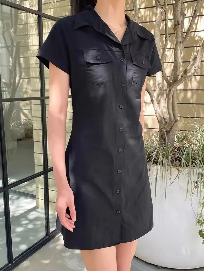 Black Pockets Blouse Shirt Dresses Women New Turn Down Collar Single Breasted Short Sleeve Vestidos Sweet Vintage Y2K Mini Dress